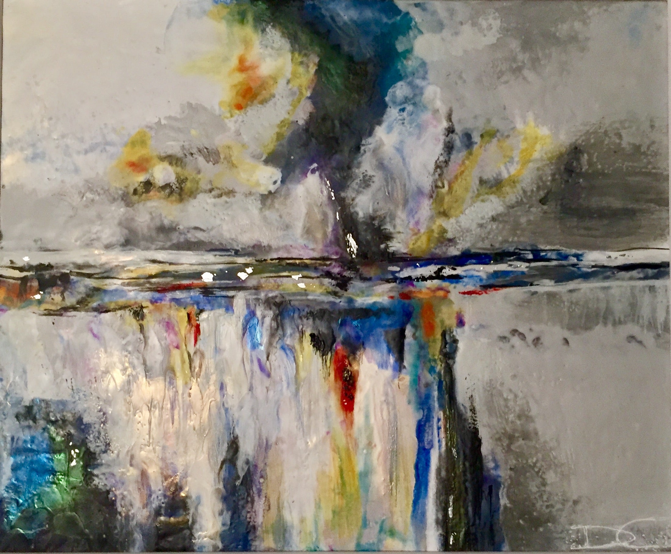 A colorful abstract painting which appears to feature a large body of water covered in rainbows