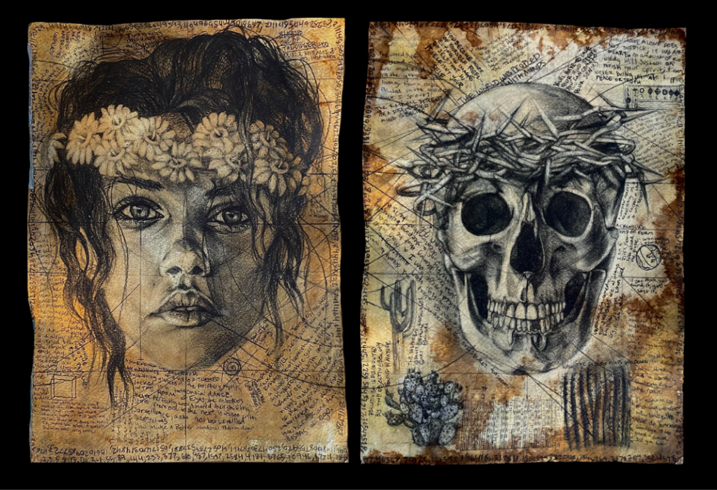 A sketch of a healthy woman with flower crown on the left and a skull with crown of thorns on the right, set over text collage.